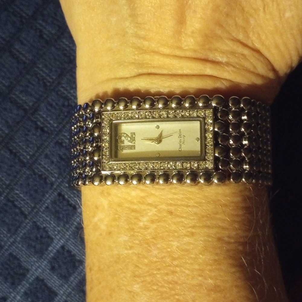 Charles Delon Silver tone Rhinestone Tank Watch Nicely Model NOS